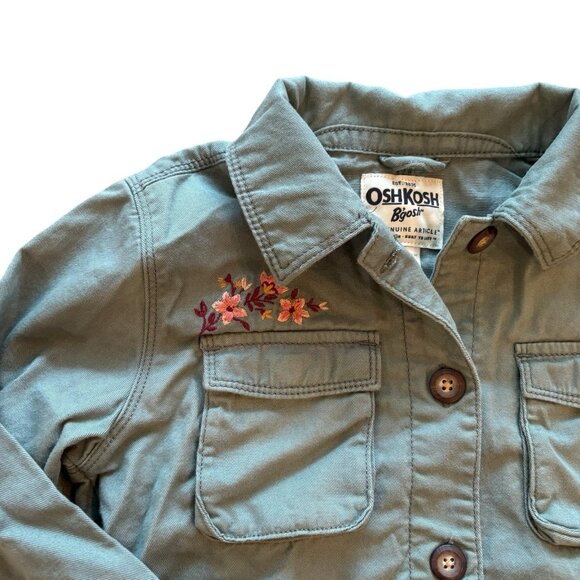Osh Kosh Girl's 10 Green 100% Cotton Embroidered Floral Light Weight Long Jacket - Picture 2 of 4